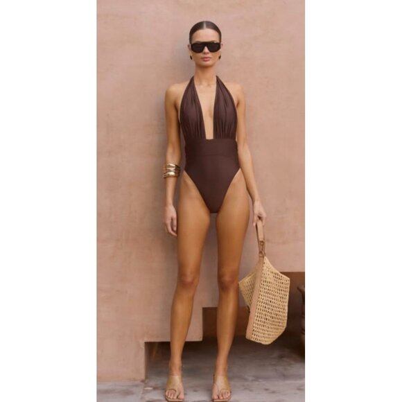 Same Other - SAME Los Angeles One Piece Swimsuit Brown Halter High Cut Cheeky NWT Size S